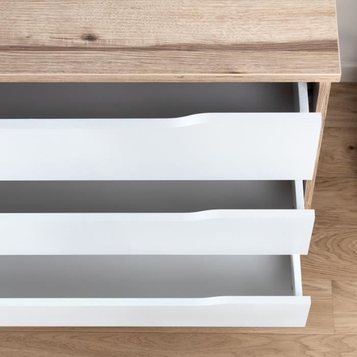 Commode VANKKA 6 tiroirs - Décor chene et blanc - Scandinave - L 154 x P 42 x H 86 cm