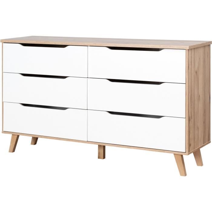 Commode 6 tiroirs - En panneaux de particules - Décor chene et blanc - Contemporain - L 154 x P 42 x H 86 cm