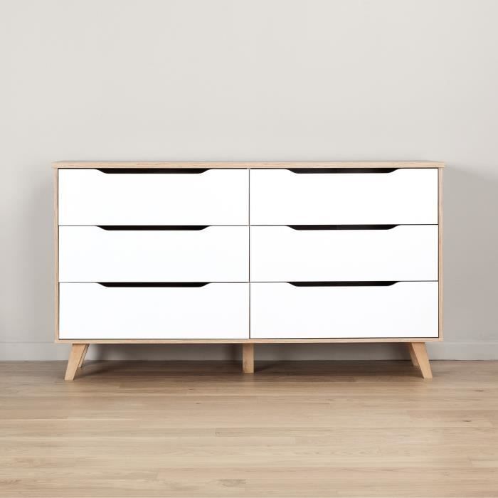 Commode 6 tiroirs - En panneaux de particules - Décor chene et blanc - Contemporain - L 154 x P 42 x H 86 cm