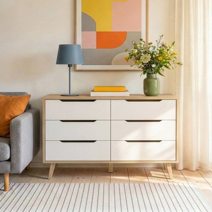 Commode VANKKA 6 tiroirs - Décor chene et blanc - Scandinave - L 154 x P 42 x H 86 cm