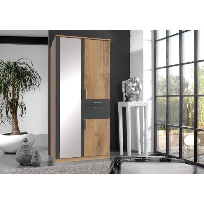 Armoire Décor Chene & Graphite - 3 portes battantes - Miroir - 2 tiroirs - L90 x P58 x H199 cm - VOLOS