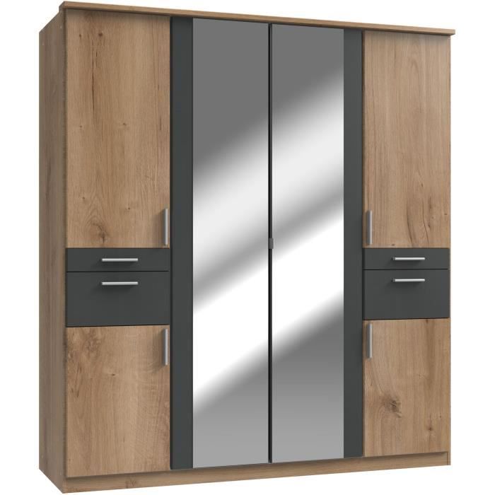 Armoire Décor Chene & Graphite - 6 portes battantes - Miroirs - 4 tiroirs - L180 x P58 x H199 cm - VOLOS