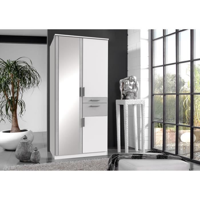 Armoire - 3 portes battantes + Miroir - 2 tiroirs - Décor blanc et gris béton - L90 x P58 x H199 cm - VOLOS
