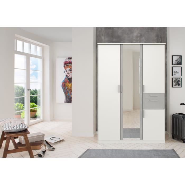 Armoire Décor Blanc & Gris béton - 4 portes battantes - Miroir - 2 tiroirs - L135 x P58 x H199 cm - VOLOS