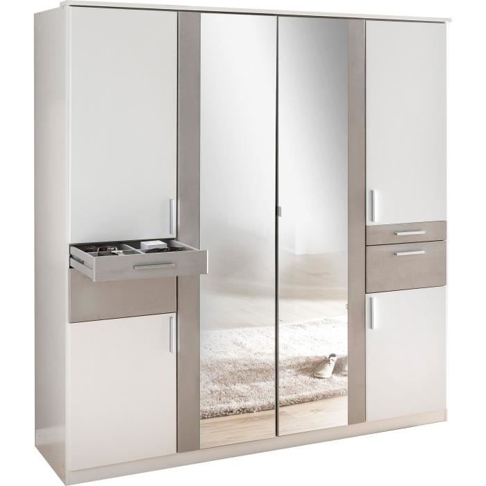 Armoire Décor Blanc & Gris béton - 6 portes battantes - Miroirs - 4 tiroirs - L180 x P58 x H199 cm - VOLOS