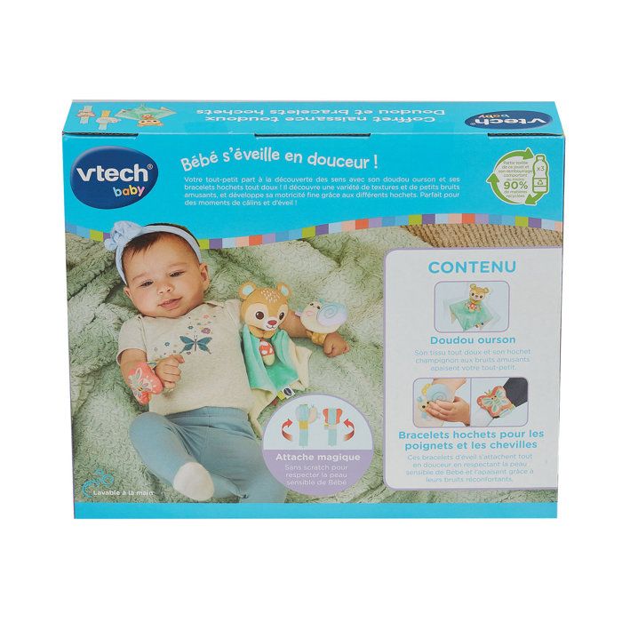 VTECH BABY - COFFRET NAISSANCE TOUDOUX - DOUDOU ET BRACELETS HOCHETS (BOUTEILLES PLASTIQUE RECYCLÉES) - Multicolore