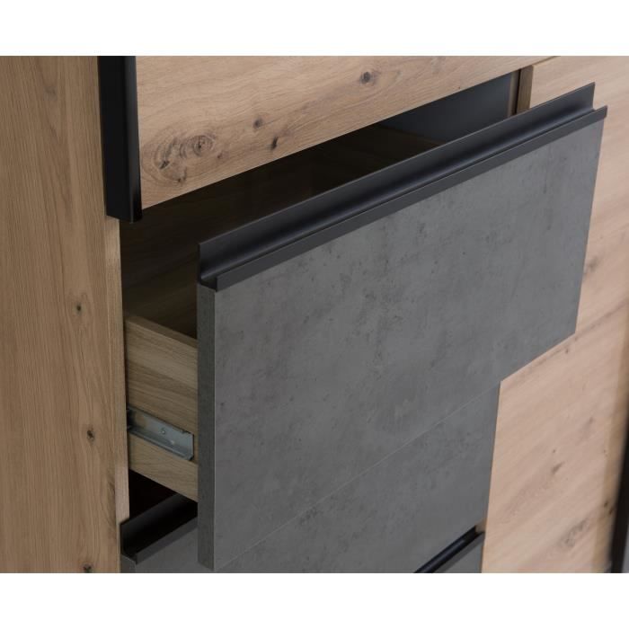 Armoire 2 portes coulissantes 3 tiroirs - Décor chęne artisan et béton gris - L 200,1 x P 61,2 x H 200,5 cm - WINN2