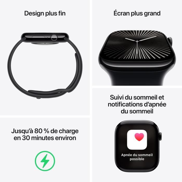 Apple Watch Series 10 GPS - 46mm - BoÓtier Jet Black Aluminium - Bracelet Black Sport Band - M/L