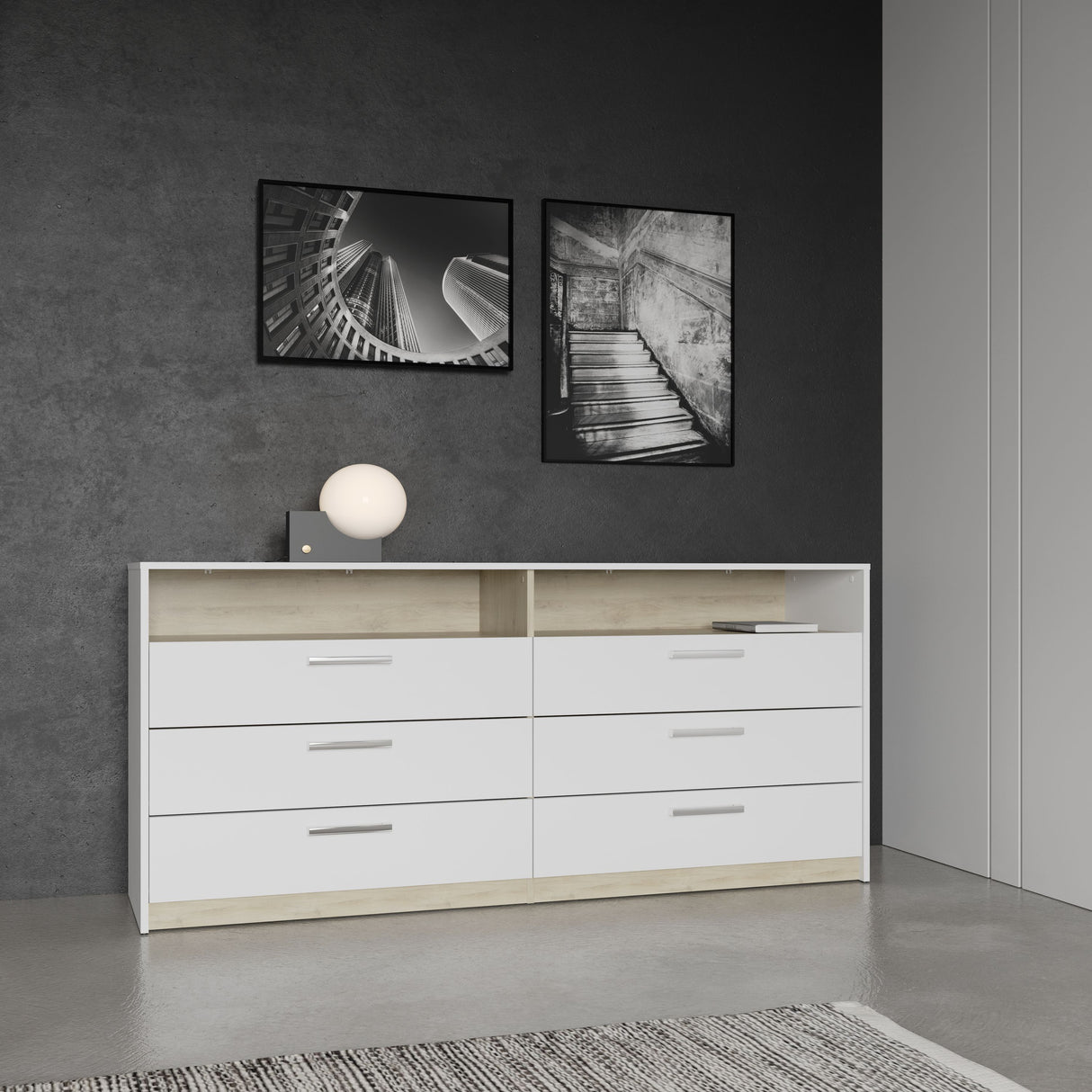 Commode - WATSON - 6 tiroirs - Chene Kronberg / Blanc mat - 162,7 x 39,5 x 81,1 cm - DEMEYERE