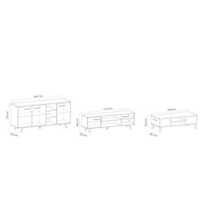 Ensemble meuble TV table basse buffet WAYNE - Mélaminé - Style scandinave - Chene brossé et noir