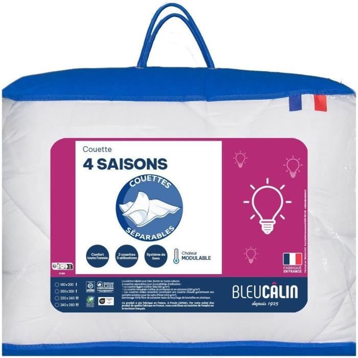 Couette microfibre - 140 x 200 cm - BLEU CALIN - 4 saisons - 410 g/m² - Blanc