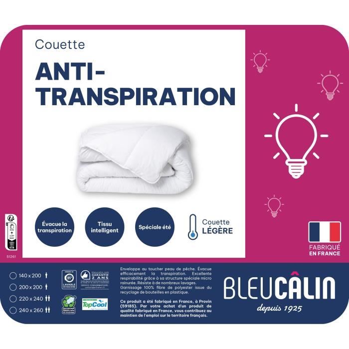 Couette - 140 x 200 cm - BLEU CALIN - Légere anti-transpiration - 200 g/m² - Blanc