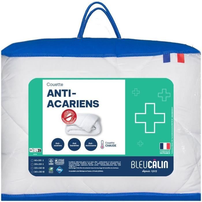 Couette microfibre anti-acariens/antibactérien - 240 x 220 cm - BLEU CALIN - Chaude - 400 g/m² - Blanc