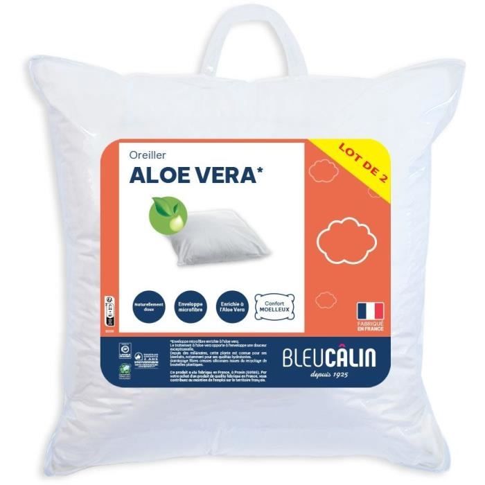 Lot de 2 oreillers aloé véra - 60 x 60 cm - Moelleux - BLEU CALIN - Blanc