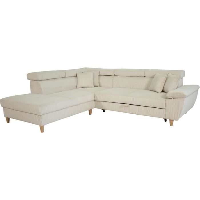 Canapé d'angle convertible - 4 places - WESTON - Velours côtelé beige - Tetieres réglables - 259 x 227 x 77/92 cm