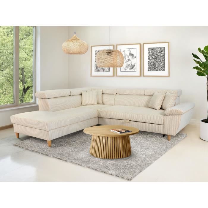 Canapé d'angle convertible - 4 places - WESTON - Velours côtelé beige - Tetieres réglables - 259 x 227 x 77/92 cm