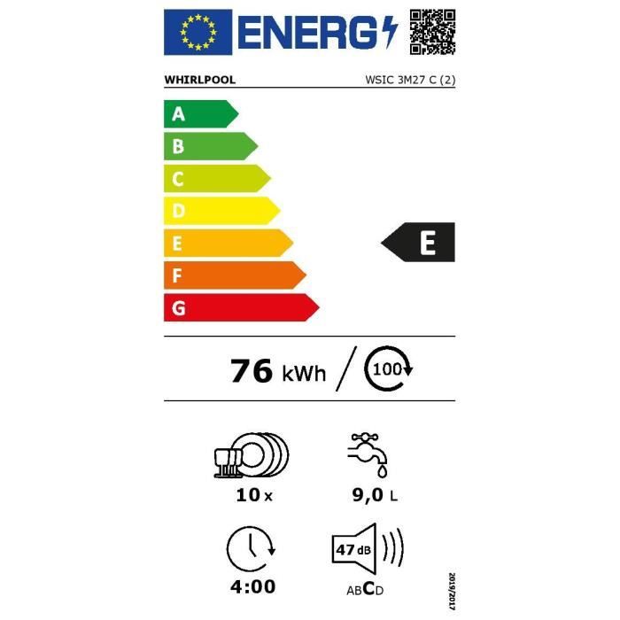 Lave-vaisselle tout encastrable WHIRLPOOL WSIC3M27C - 10 couverts - Induction - L45cm - 47dB