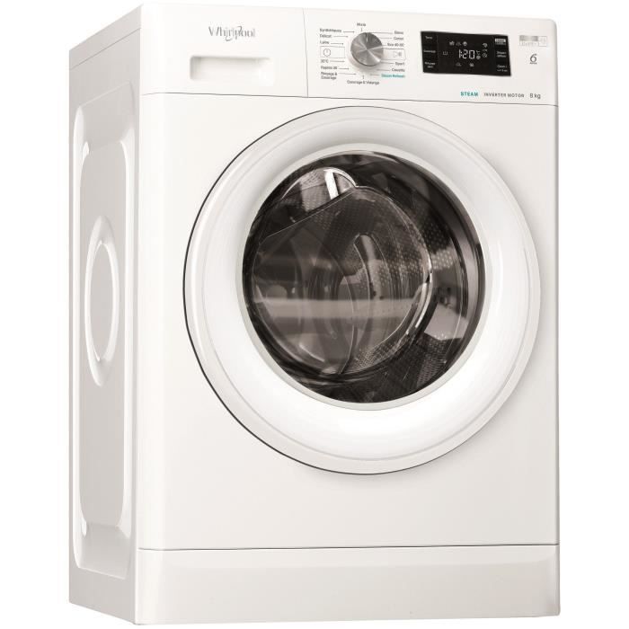 Lave-linge hublot WHIRLPOOL FFBU827VFR FreshCare - 8 kg - Induction - L60cm - 1200 trs/min - Blanc