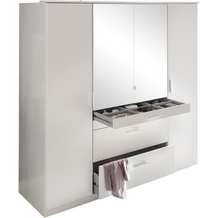 Armoire - Décor blanc - 4 portes battantes + 4 tiroirs + miroirs - L180 x P58 x H199 cm