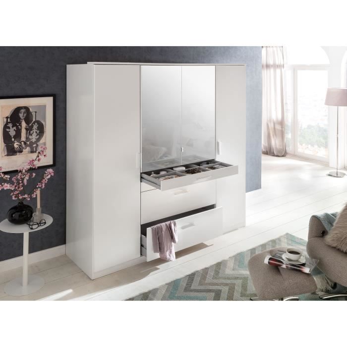 Armoire - Décor blanc - 4 portes battantes + 4 tiroirs + miroirs - L180 x P58 x H199 cm