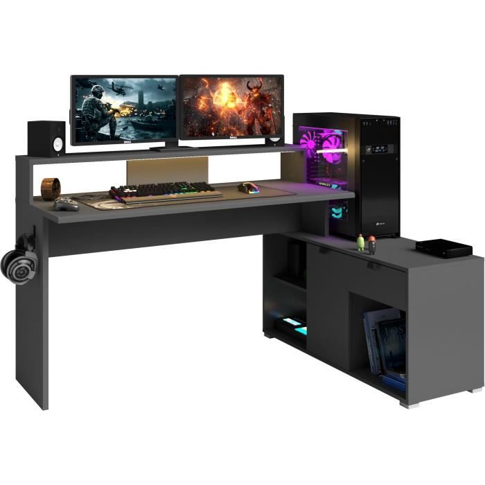 Bureau d'angle modulable avec led - WORTEX - Gris ombre - 167,7/229,2 x 59,7/109,7 x 94,8 cm - PARISOT
