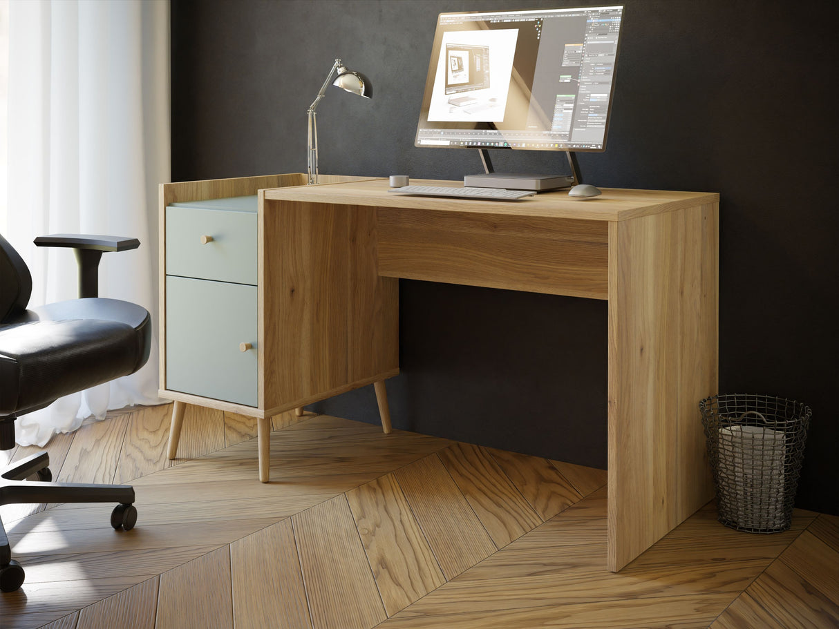 Bureau droit WHENUA - Chene/ Vert sauge - 139,6 x 77,3 x 60 cm