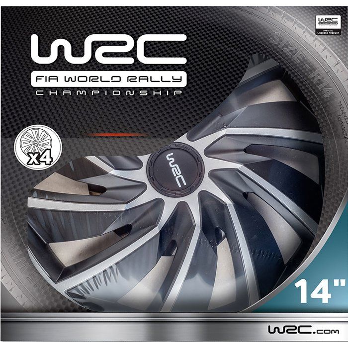 Lot de 4 enjoliveurs Bi-couleur gris & noir 14 pouces - WRC - TURBO - Look racing - Fixation simple et rapide par clips