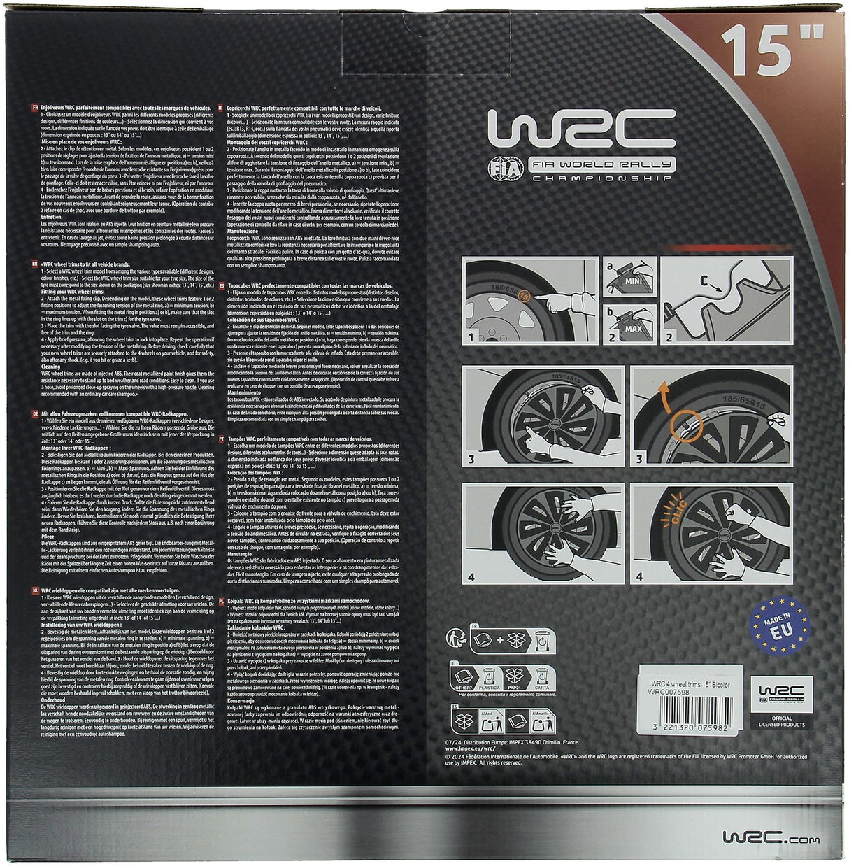 Lot de 4 enjoliveurs Bi-couleur gris & noir 15 pouces - WRC - TURBO - Look racing - Fixation simple et rapide par clips