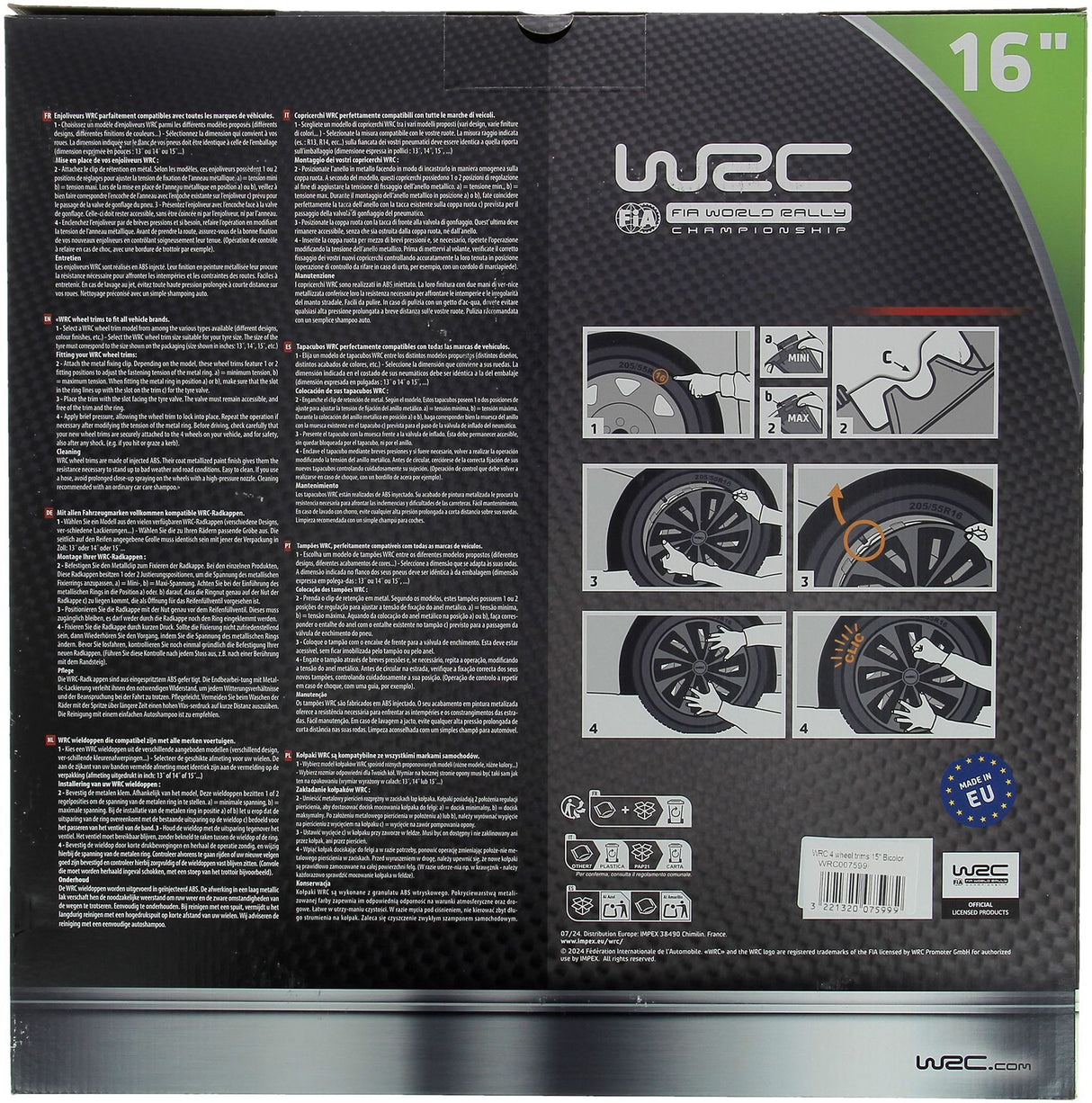 Lot de 4 enjoliveurs Bi-couleur gris & noir 16 pouces - WRC - TURBO - Look racing - Fixation simple et rapide par clips