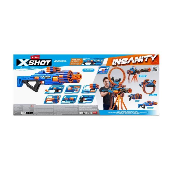 Blaster a Tir Rapide - ZURU - XSHOT Insanity Berzerko - Blaster a canon rotatif avec 8 fléchettes et tir rapide jusqu'a 27 metres