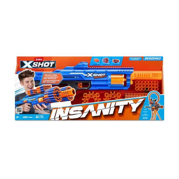 Blaster a Tir Rapide - ZURU - XSHOT Insanity Berzerko - Blaster a canon rotatif avec 8 fléchettes et tir rapide jusqu'a 27 metres