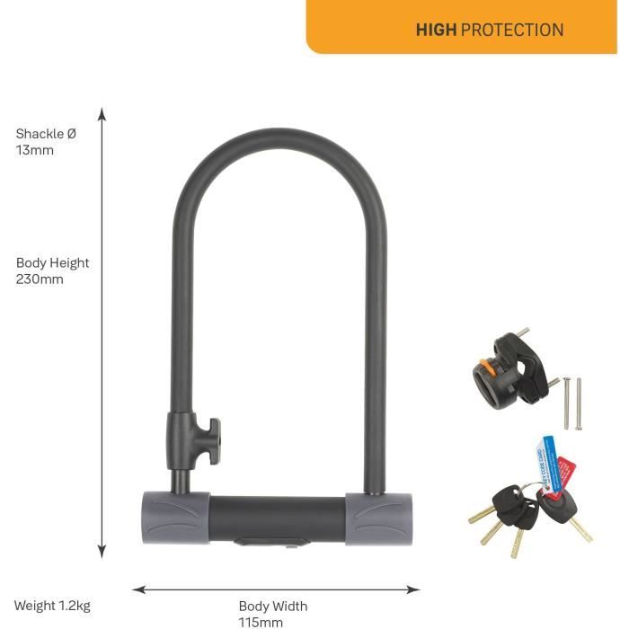 Antivol U de Sécurité - YALE - YUL2/13/230/1 - Certifié Sold Secure Silver - Pour Vélo, VTT - 230 x 115 x 13 mm - Noir