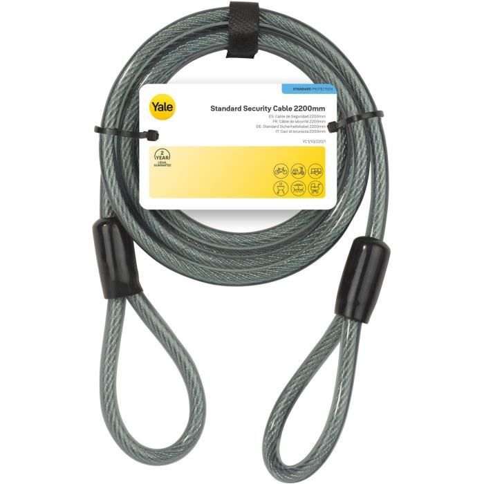 Câble Antivol - YALE - YC1/10/220/1 - Longueur 2,2m en Spirale a 2 Boucles en acier tressé pour Vélo et VTT - Noir et Gris