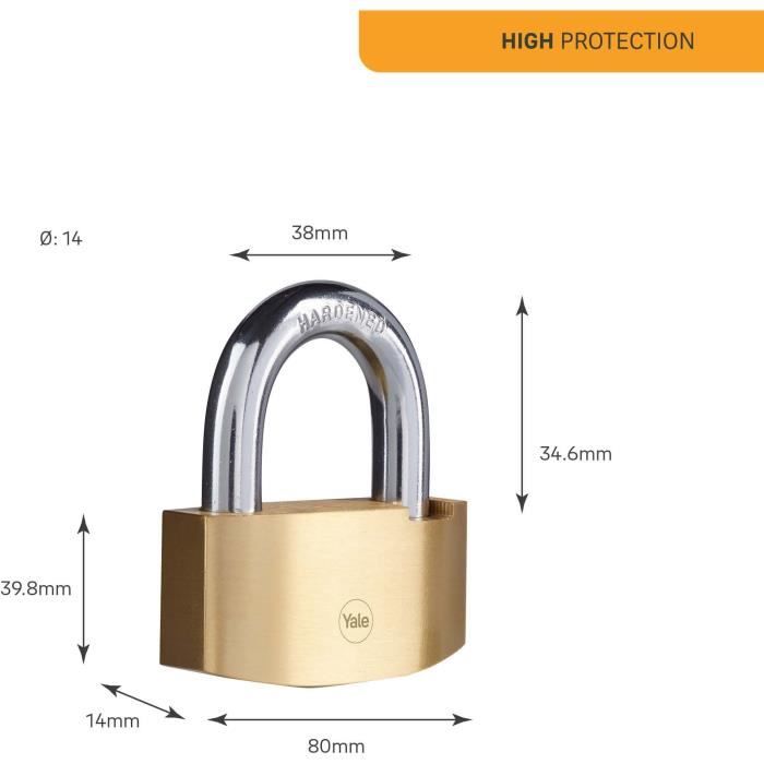 Cadenas de sécurité Hammer - YALE - Y2B/80/138/1 - Laiton 80 mm - Anse acier cémenté - 3 clés
