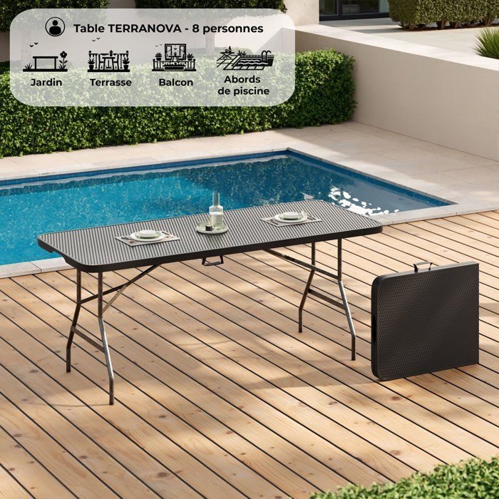 Table de réception pliante - TERRANOVA - Noir - Structure en acier et Plateau en Polyéthylene PEHD - 8 personnes - 180x74xH73,5 cm
