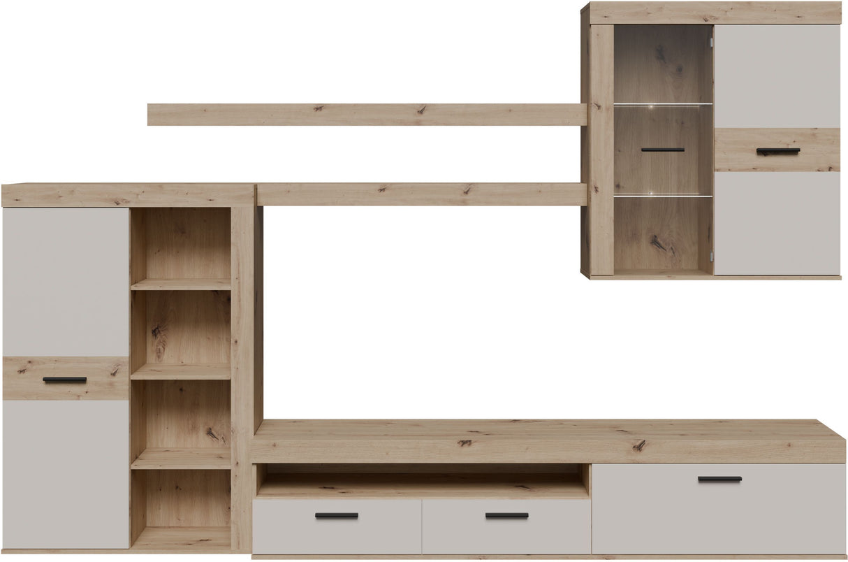 Ensemble meuble TV paroi - ZUMBA - Sable / Chene - 300 x 41 x 200,9 cm - Eclairage LED inclus