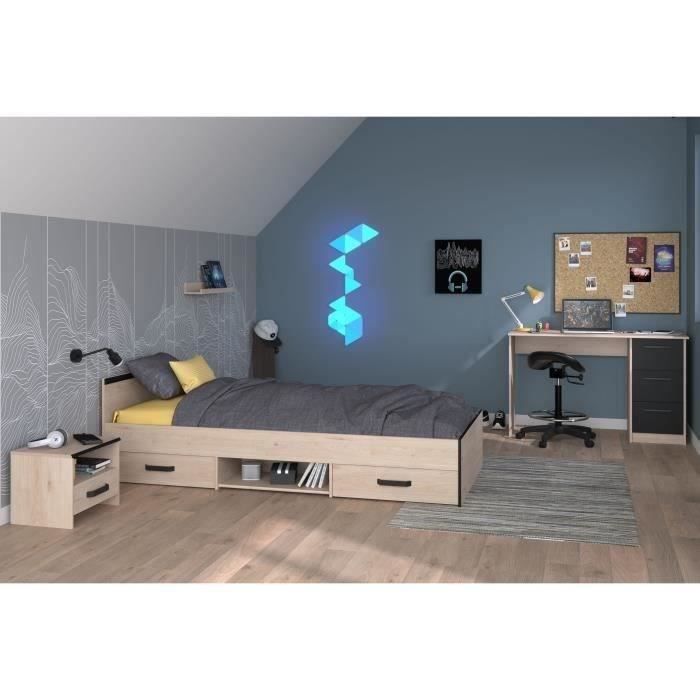 Chambre complete enfant 3 pieces ZODIAC - Lit + chevet + bureau - DÈcor chene/noir - PARISOT