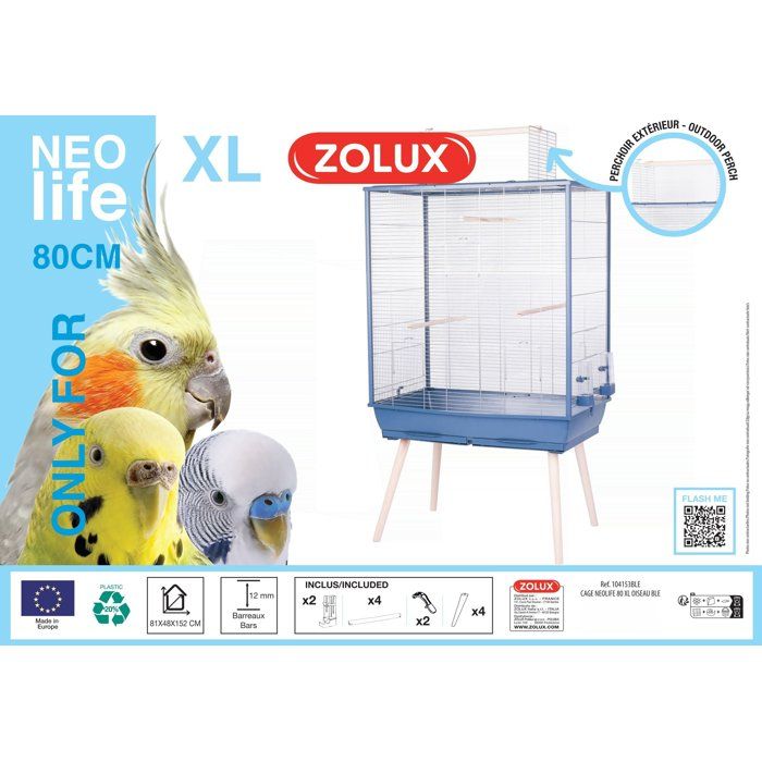 ZOLUX Cage grillagée surélevée pour oiseau Néolife - Pour perruche, calopsitte, canari - 81 x 48 x 152 cm - Néolife - Bleu