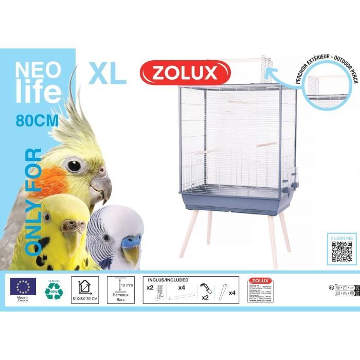 ZOLUX Cage grillagée surélevée pour oiseau - Pour perruche, calopsitte, canari - 81 x 48 x 152 cm - Néolife - Gris