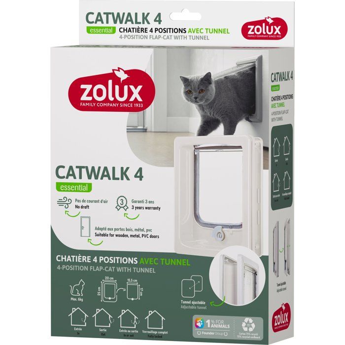 Chatiere 4 positions avec tunnel - ZOLUX - L20 x H25 cm - Pour porte bois, PVC, métal - Catwalk - Blanc