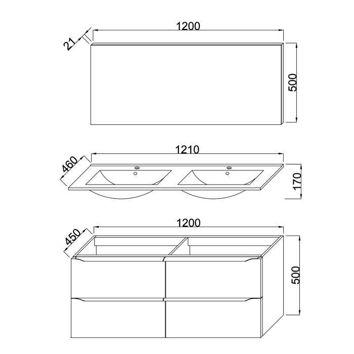 Meuble de salle de bain double vasque avec miroir L 120cm - 4 tiroirs - Blanc laqué brillant - ZOOM