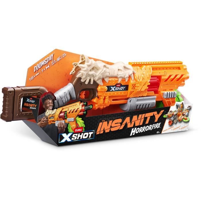 Lanceur de fléchettes - ZURU - X-SHOT Horrorfire Doomsday - Lame tournante en mousse - Portée 27 m - 16 fléchettes incluses