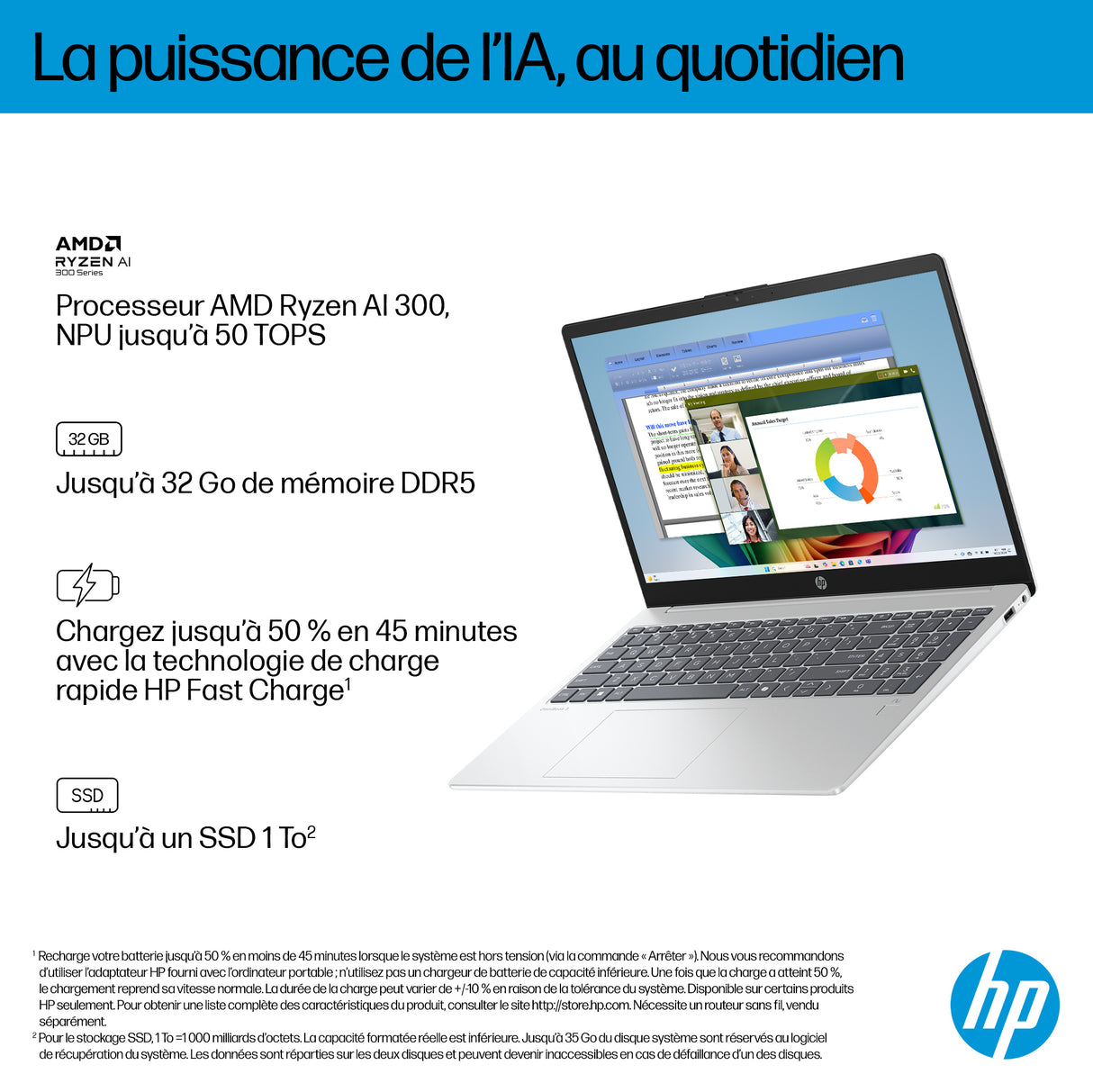 PC Portable HP Omnibook 3 15-fn0027nf - Windows 11 - 15,6 FHD IPS - Ryzen AI 5 330 - RAM 24Go - Stockage 512Go SSD - AZERTY