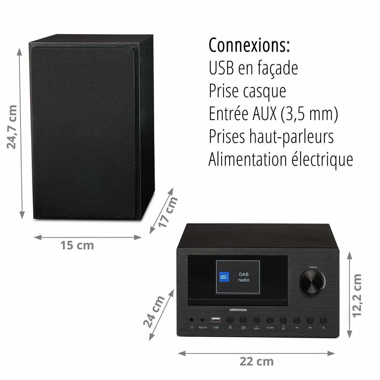 Mini Chaîne HiFi - MEDION - Radio Internet DAB/FM - Lecteur CD - 2x150W - Noir