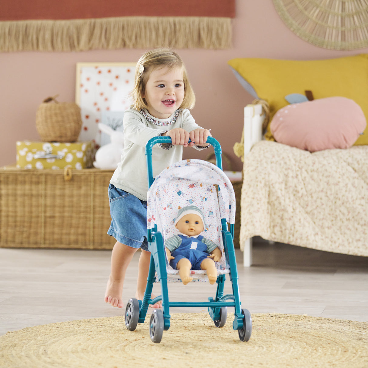 Poussette oursons - COROLLE - Accessoire Poupon 30cm - Bleu - Légere et facile d'utilisation