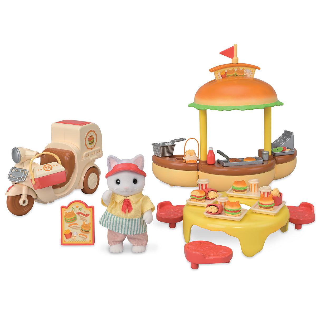 Jeu de Restauration - SYLVANIAN FAMILIES - Stand de Hamburgers - Papa Chat Latté et Scooter