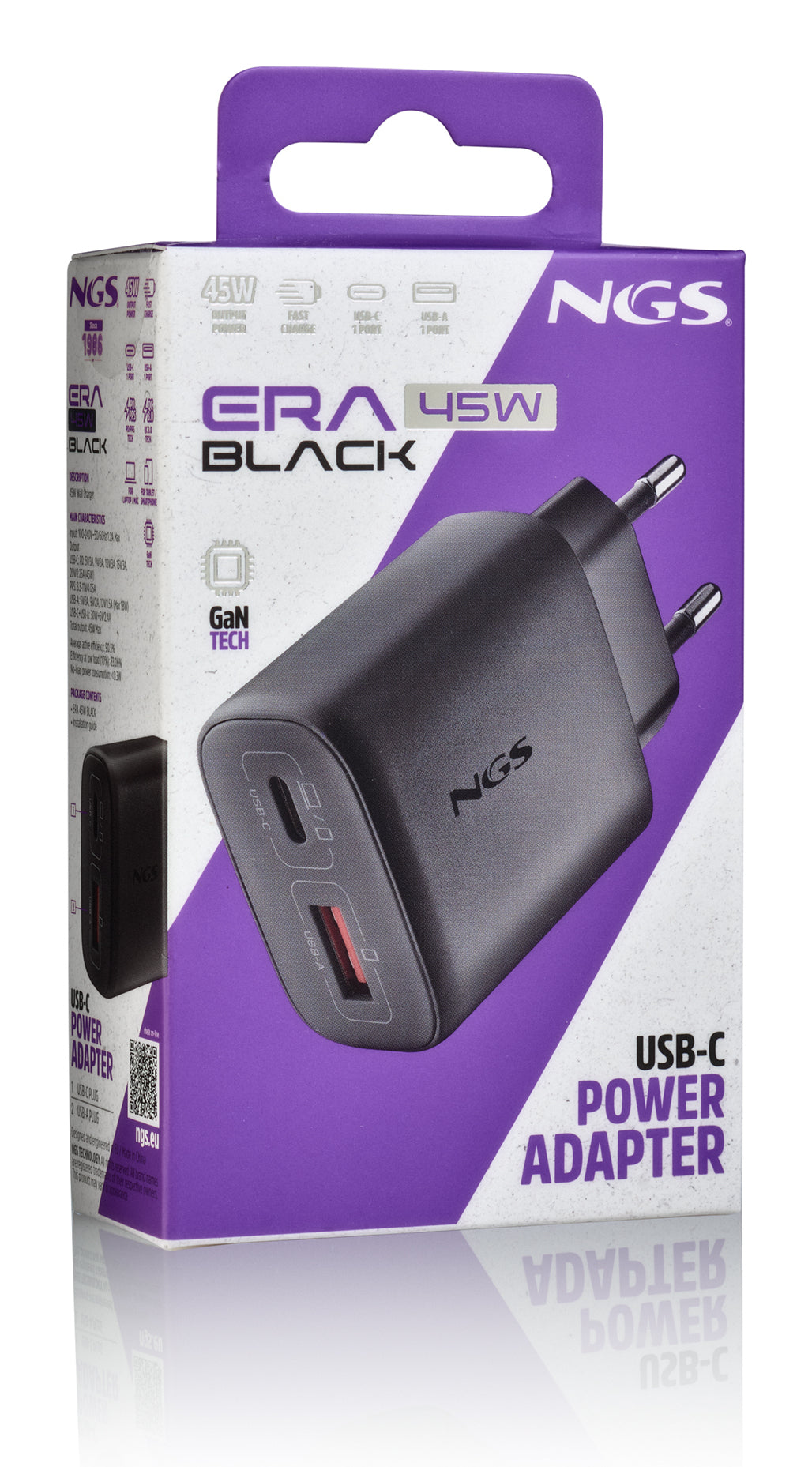 Chargeur secteur NGS Era 1x USB-C + 1x USB-A 45W (Noir)