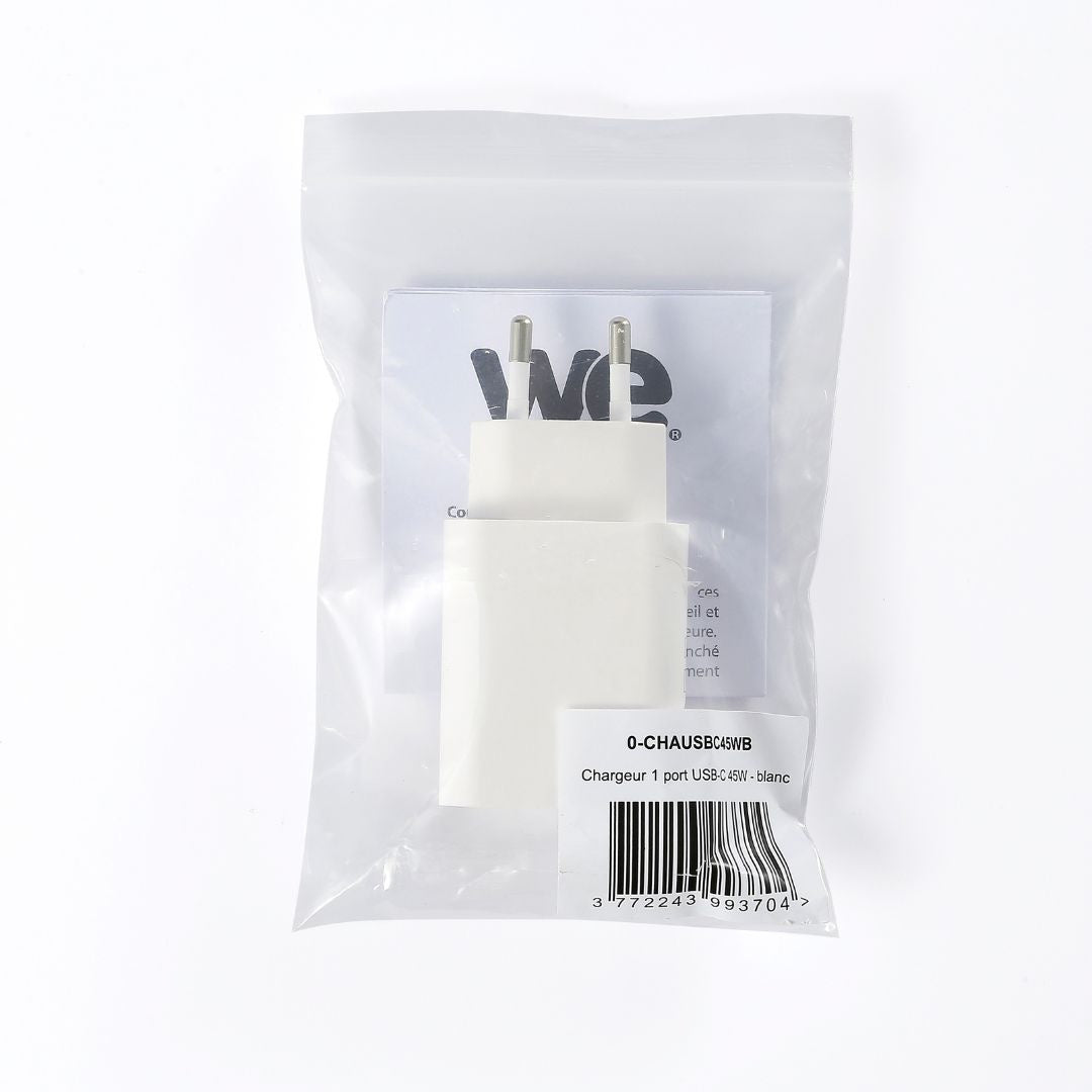 Chargeur secteur 1 Port USB-C : 5V/3A, 9V/3A, 12V/3A, 15V/3A, 20V/2.25A, 45W, Po