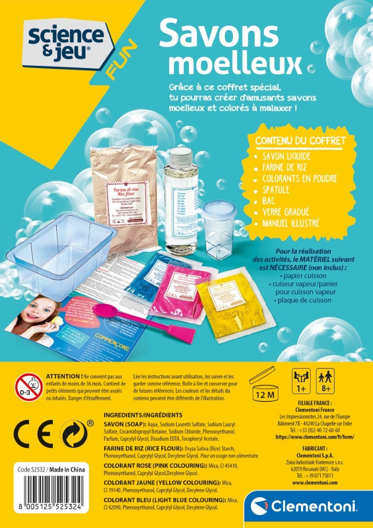 Clementoni - Jeu de science - Création de savons moelleux pour enfants - Ingrédients et ustensiles inclus - Des 8 ans