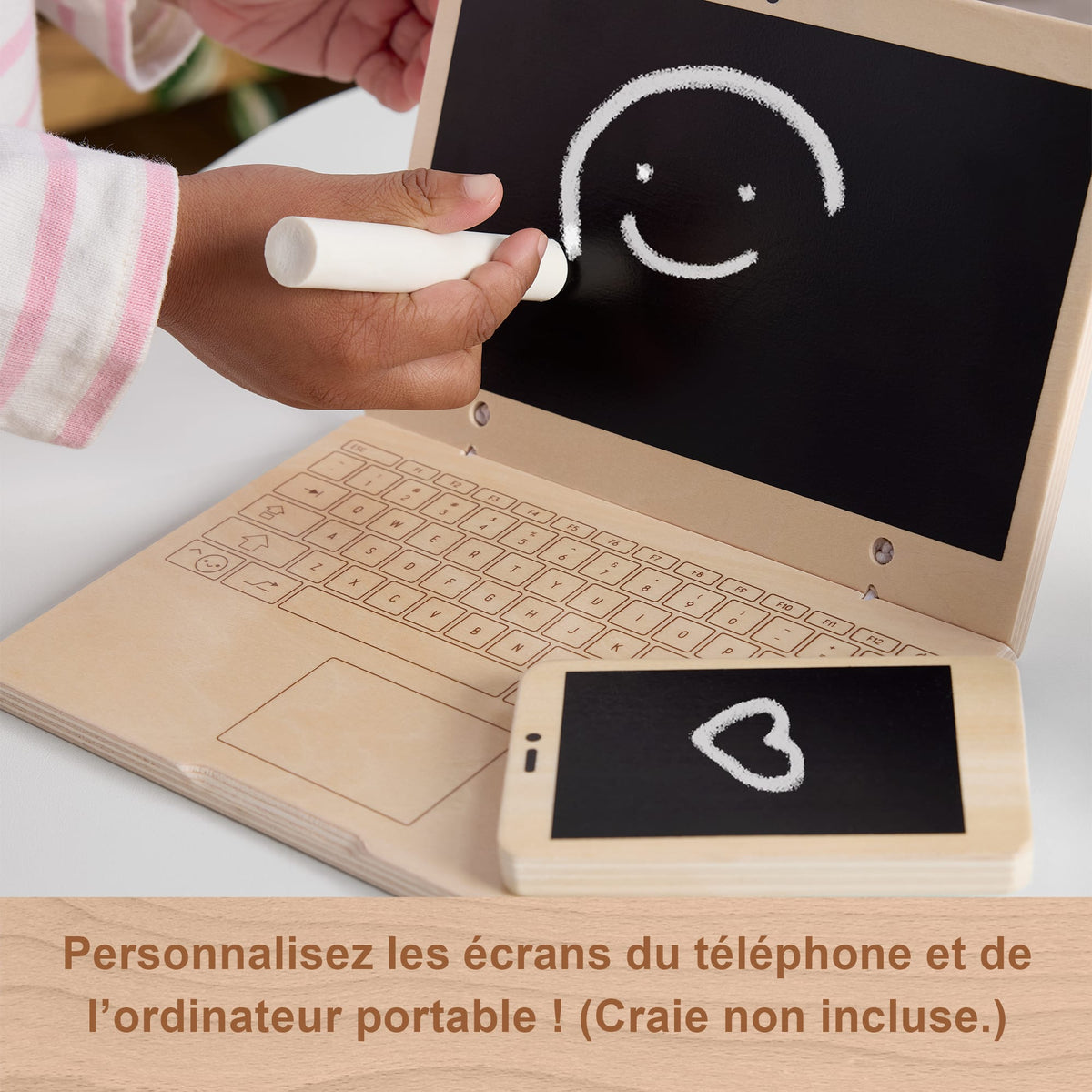 FISHER-PRICE Set de télétravail en Bois, 9 éléments avec ordinateur portable et téléphone en bois HXV11